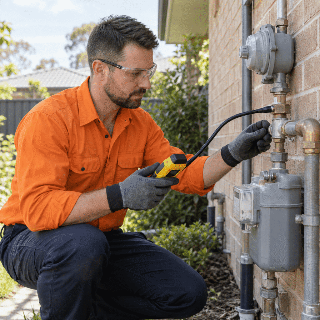 Technician using an electronic gas leak detector to check pipe connections beside a residential gas meter.