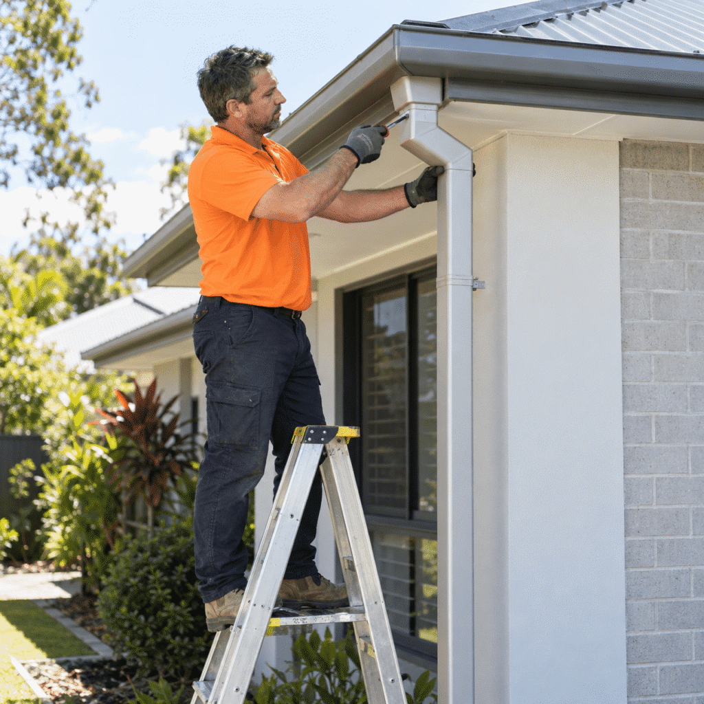 Tradesman repairing a gutter and downpipe connection on a Brisbane home