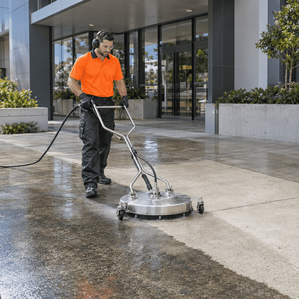 Professional cleaner pressure cleaning concrete pavement outside a Brisbane commercial building