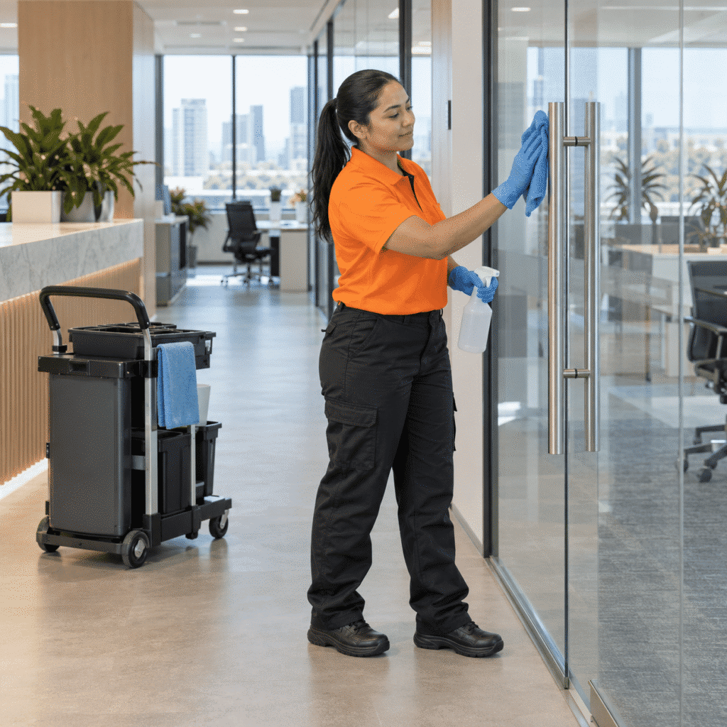 Professional cleaner wiping glass doors during scheduled maintenance cleaning in a Brisbane office