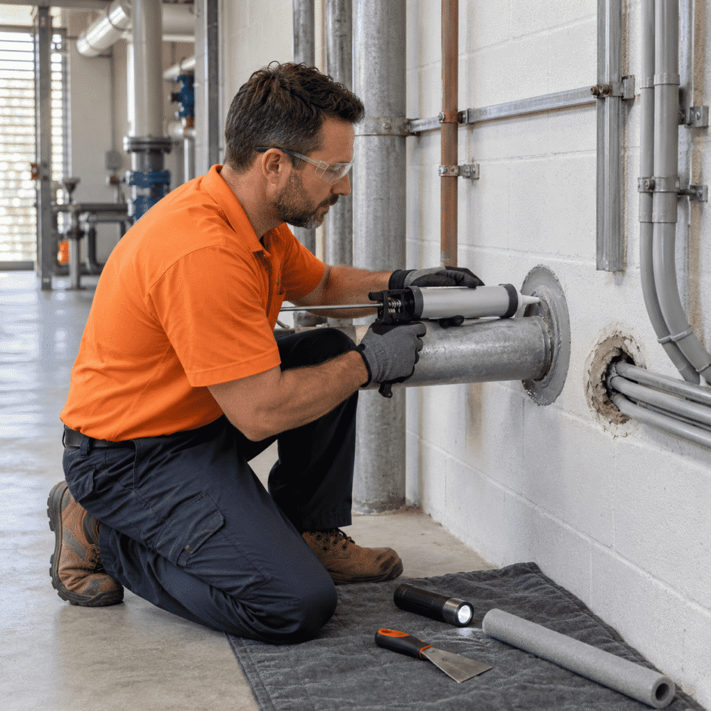 Maintenance tradesman resealing a pipe penetration through a wall at a Brisbane property
