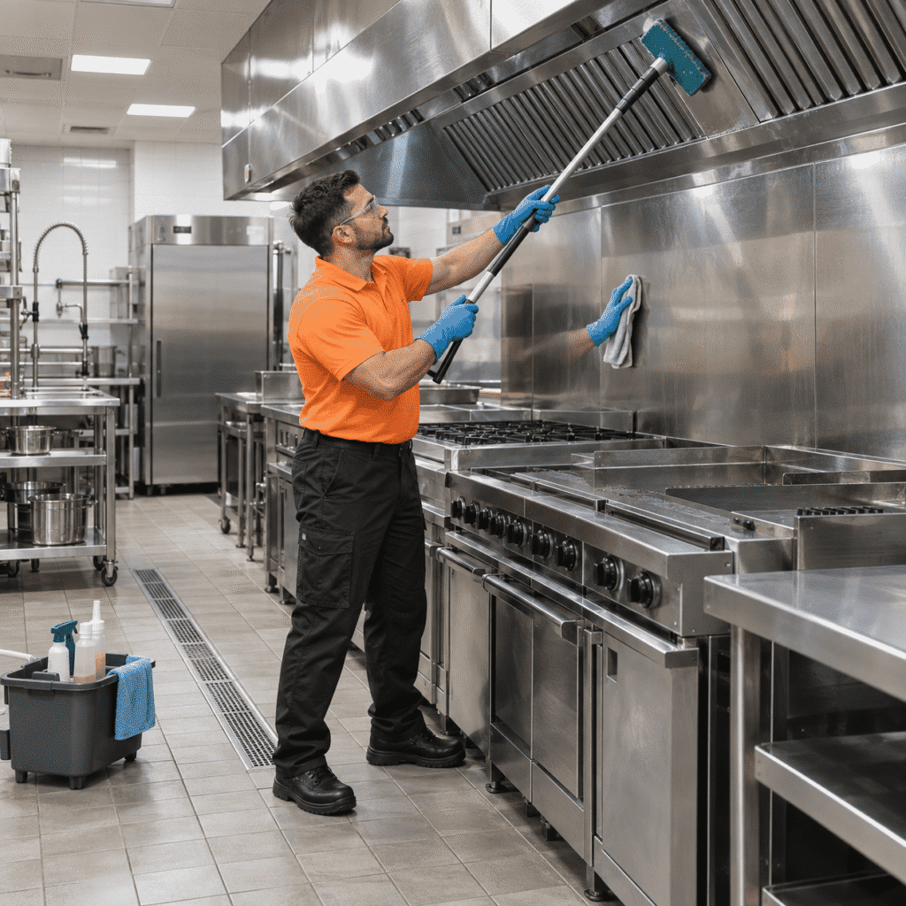 Professional cleaner deep-cleaning a commercial restaurant kitchen extraction hood in Brisbane