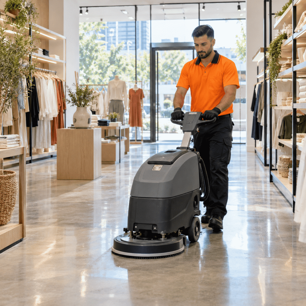 Professional cleaner using a floor scrubber inside a Brisbane retail store