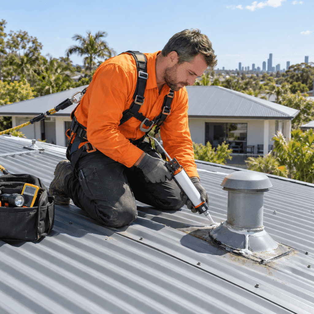 Roofer resealing leaking vent flashing on a metal roof at a Brisbane home