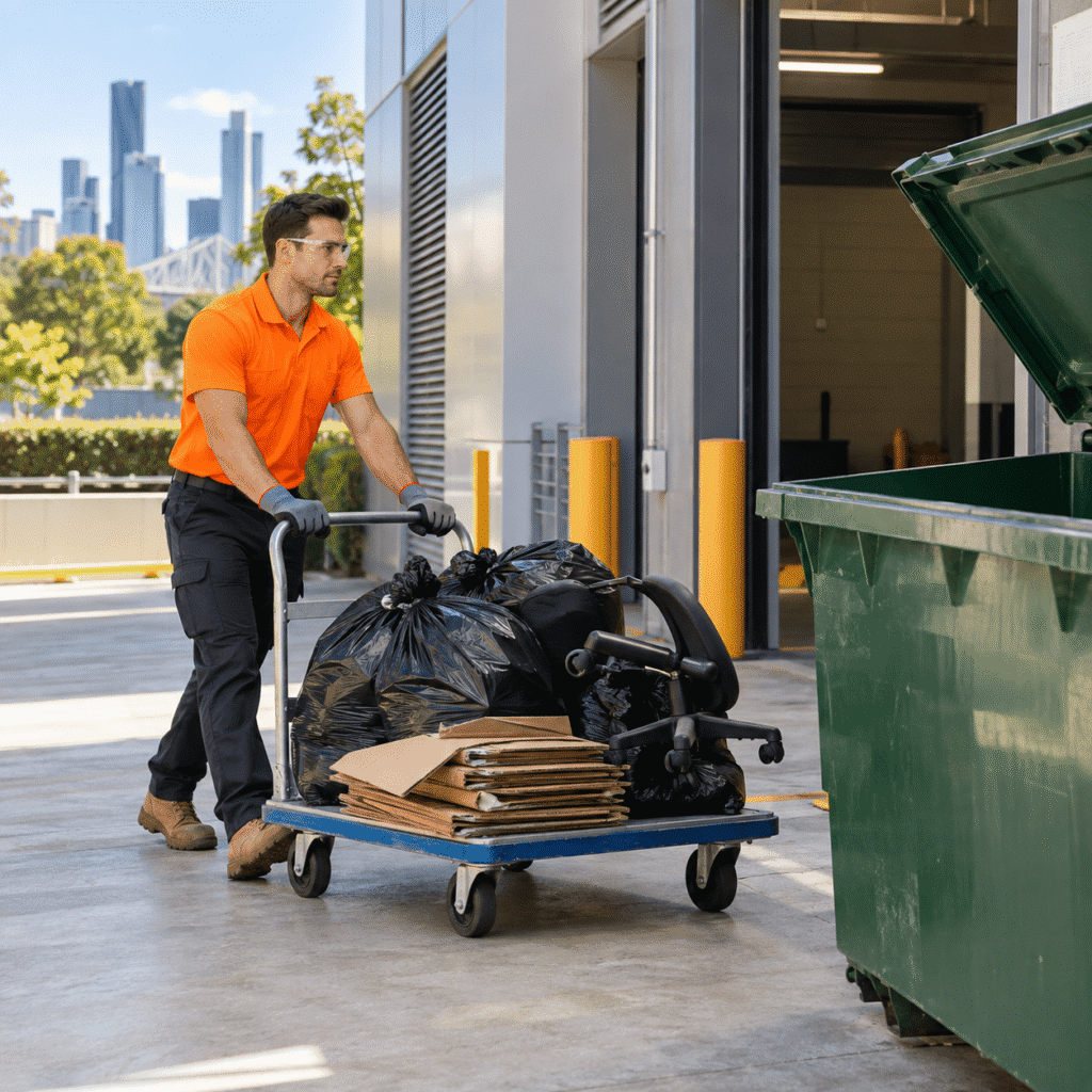 Worker transporting commercial rubbish for removal at a Brisbane business property