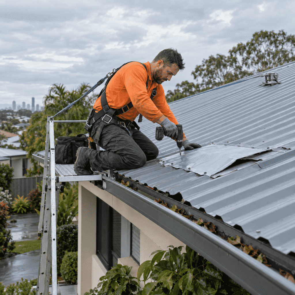 Roofer securing storm-damaged metal roofing at a Brisbane home using fall protection