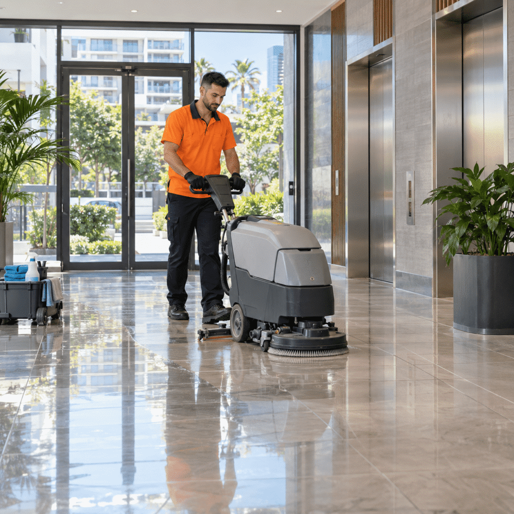 Professional cleaner operating a floor scrubber in a Brisbane strata apartment lobby