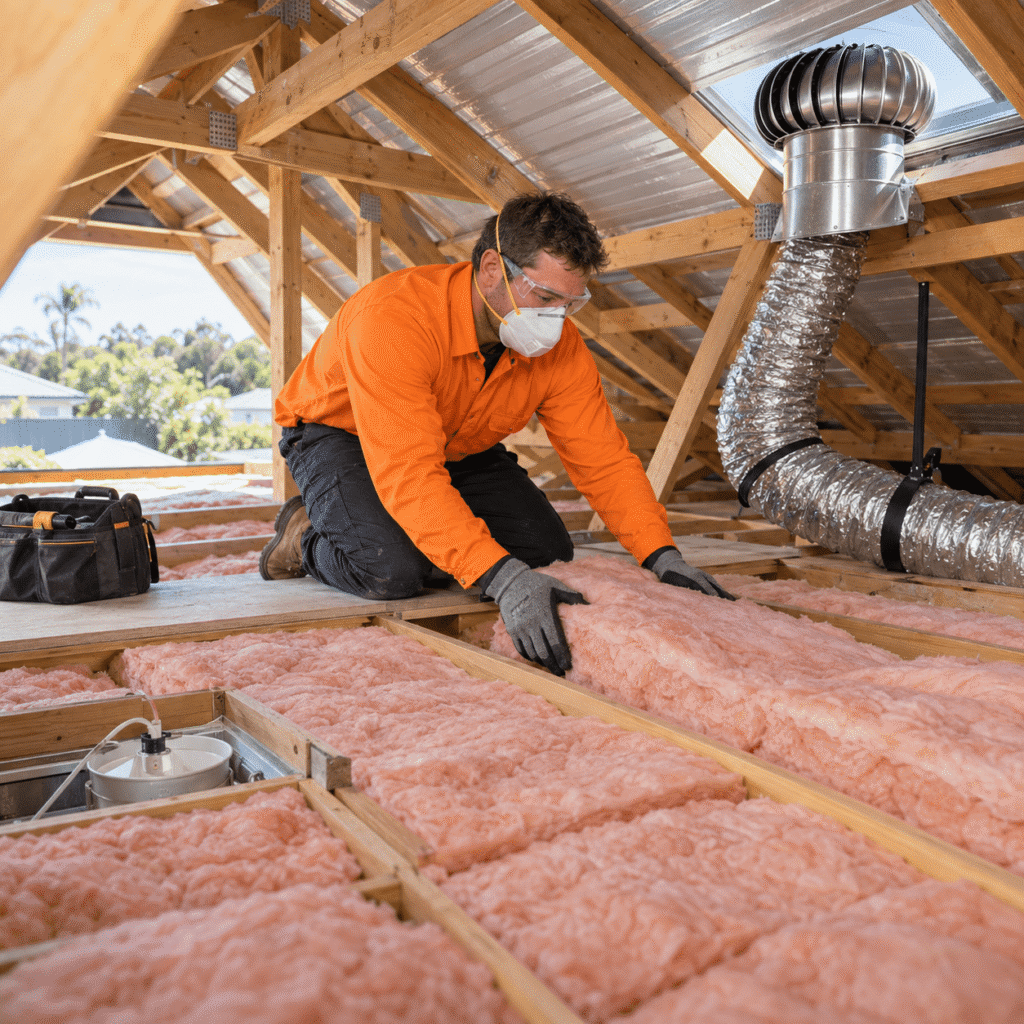 Tradesman installing insulation beside a roof ventilation system in a Brisbane home