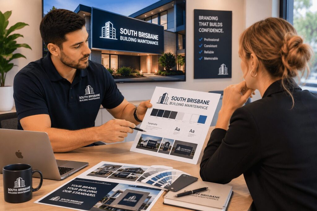 Branding consultant presenting logo, brand identity and signage concepts to a commercial client during a strategy meeting.
