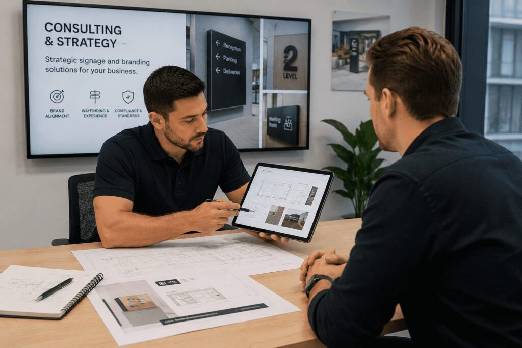 Signage and branding consultant reviewing wayfinding plans and business signage strategy with a client in a modern office.