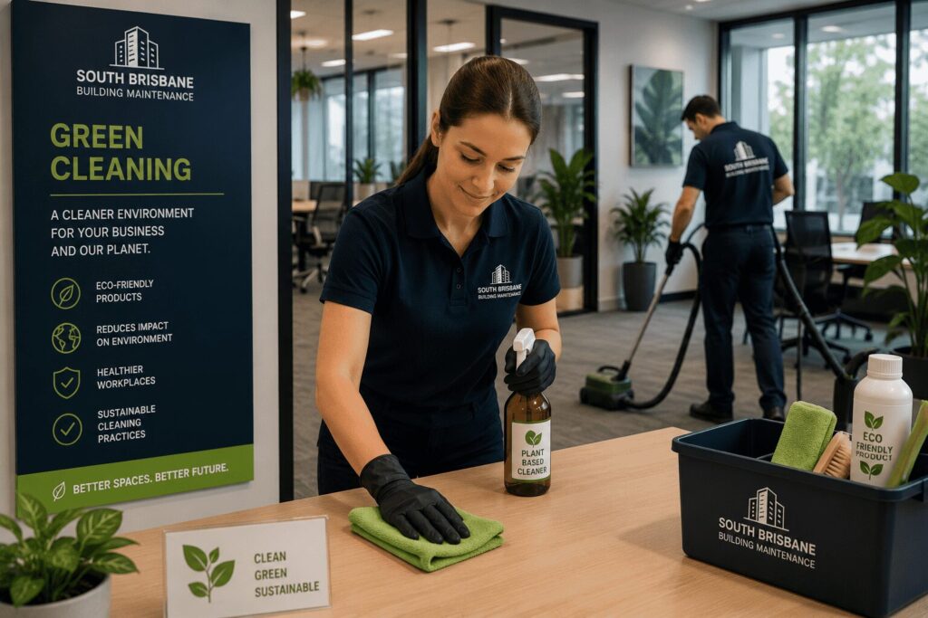 Commercial cleaner using eco-friendly cleaning products to sanitise a modern office workspace with sustainable cleaning practices.