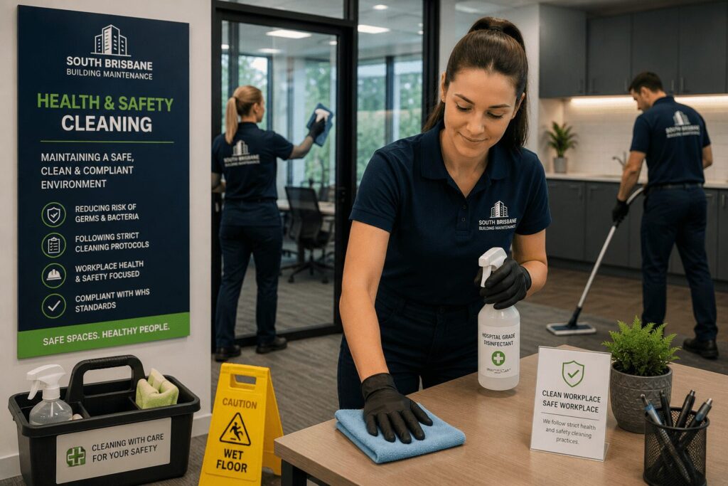 Commercial cleaners following workplace health and safety cleaning procedures in a modern office using professional disinfectants.