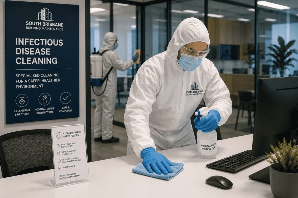 Cleaning technicians wearing PPE performing infectious disease cleaning and disinfecting high-touch surfaces in a commercial office.