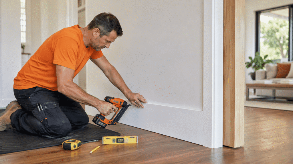SBBM carpenter installing timber skirting boards inside a Brisbane property.