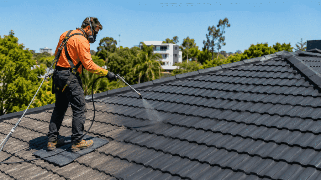 SBBM roofer applying a protective coating to a tiled roof in Brisbane.