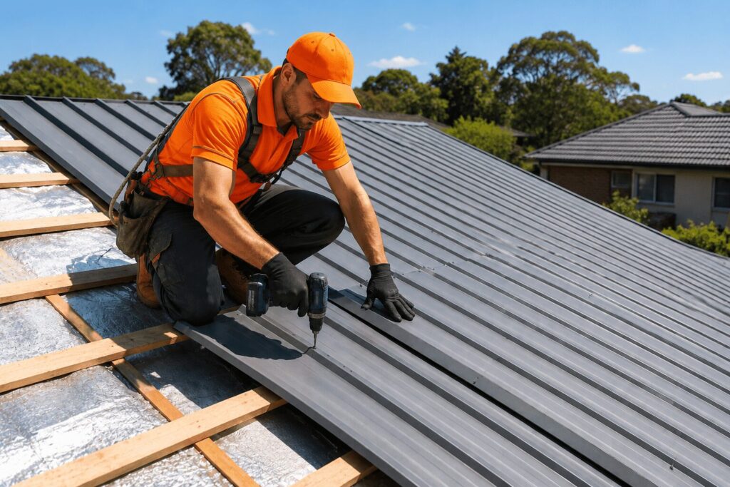 Roofing contractor installing a new Colorbond metal roof on a residential home during a complete roof replacement.