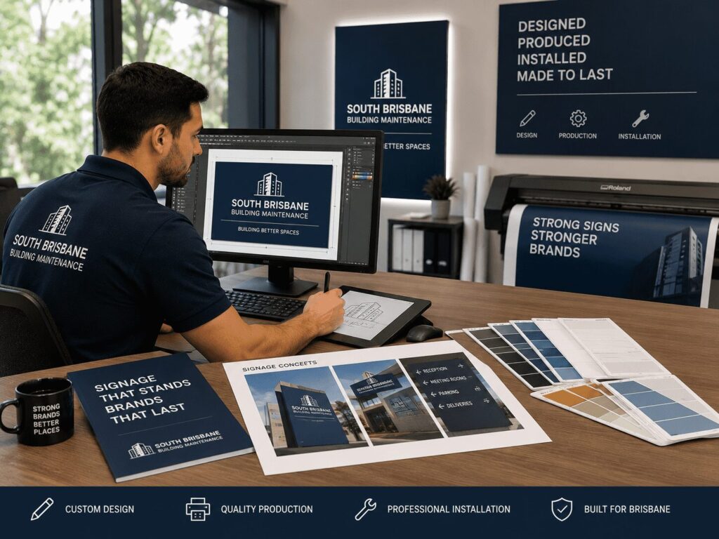Designer creating custom commercial signage concepts and production artwork in a professional signage design studio.