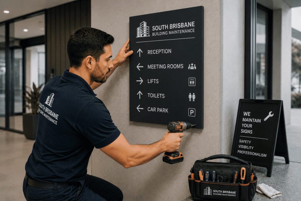 Technician installing and maintaining commercial wayfinding signage inside a modern office building.