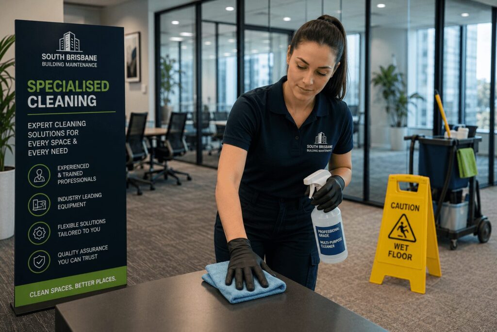 Commercial cleaning specialists using professional equipment to clean and maintain a modern office building.