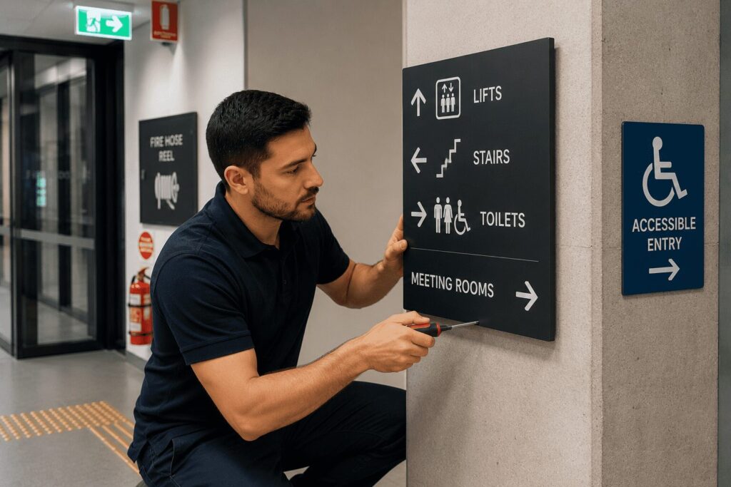 Technician fitting custom wayfinding and directional signage inside a commercial building.