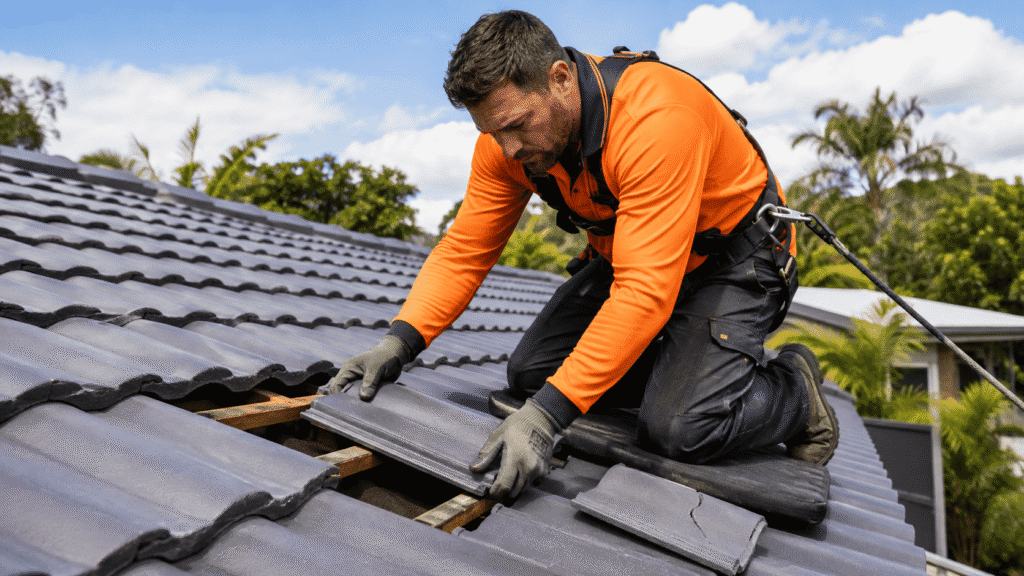 SBBM roofer replacing a damaged concrete roof tile on a Brisbane home.