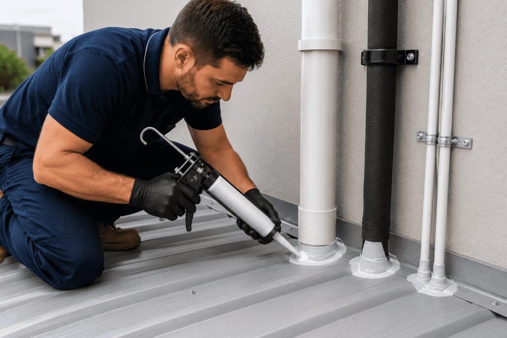 Professional weatherproofing roof penetrations with high-performance waterproof sealant.