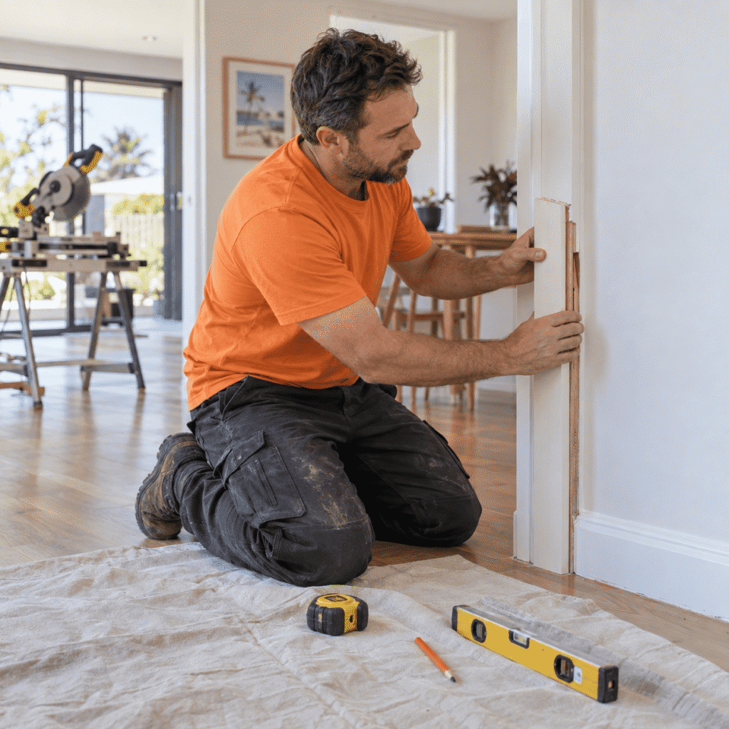 Handyman replacing damaged timber architrave around a doorway in a Brisbane home