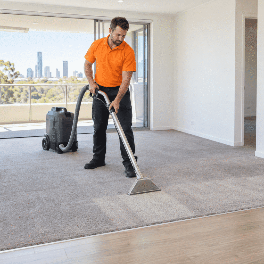 Professional cleaning the carpet in a vacant Brisbane rental property before inspection