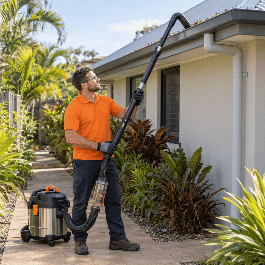 Cleaner in an orange shirt using a ground-operated vacuum to remove leaves from a Brisbane home’s gutter.