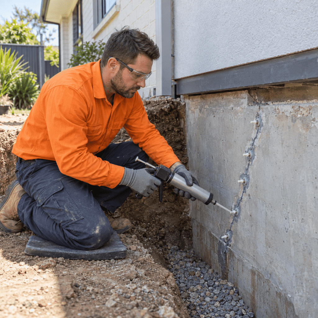 Concrete repair technician in an orange shirt injecting repair material into a cracked foundation at a Brisbane home.