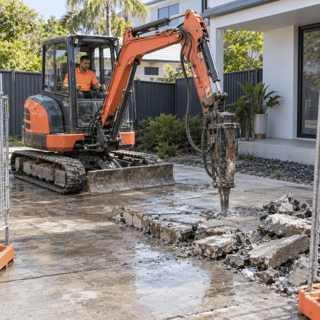 Excavator operator in an orange shirt removing an old concrete slab at a fenced Brisbane residential property.