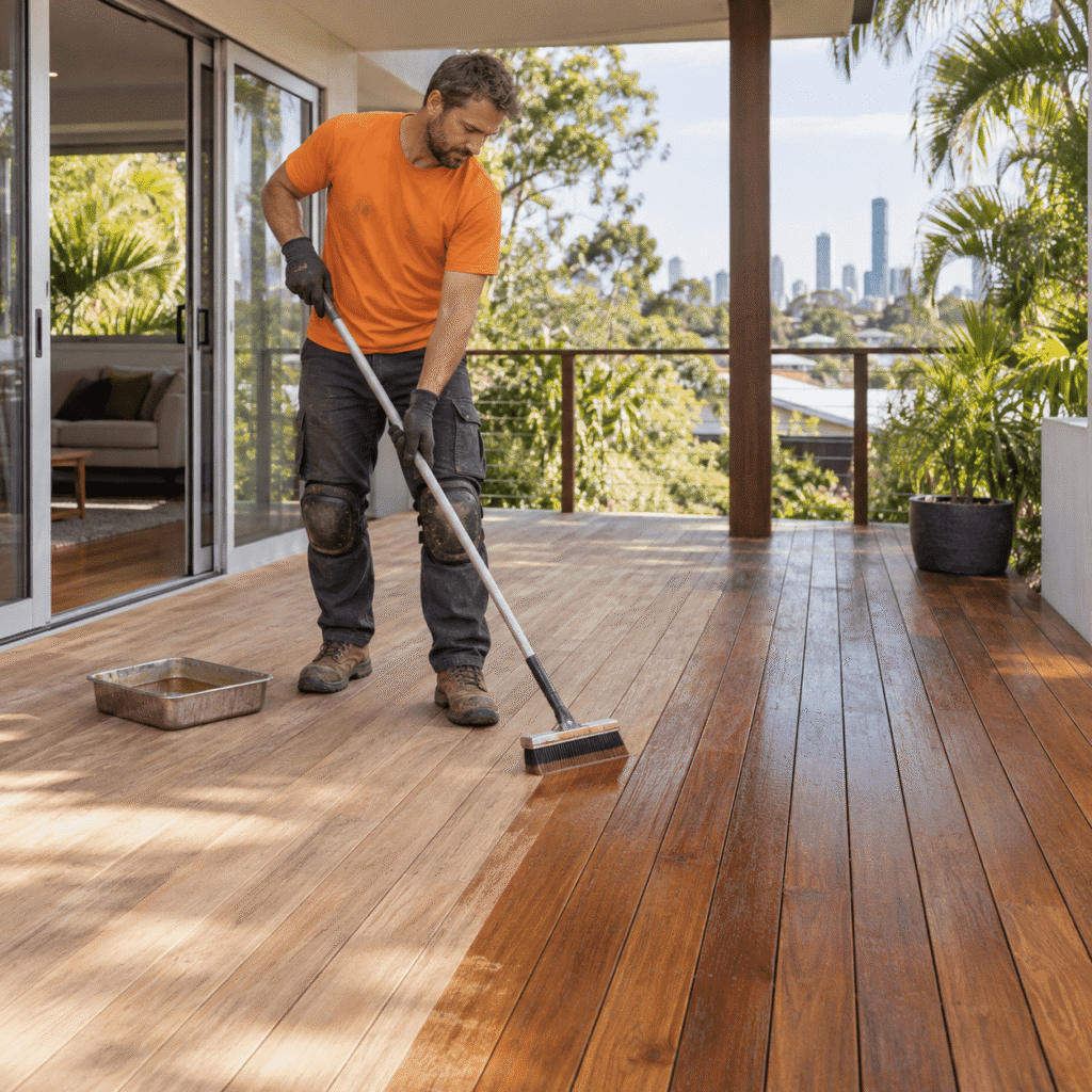 Tradesman applying protective oil to a freshly sanded timber deck at a Brisbane home