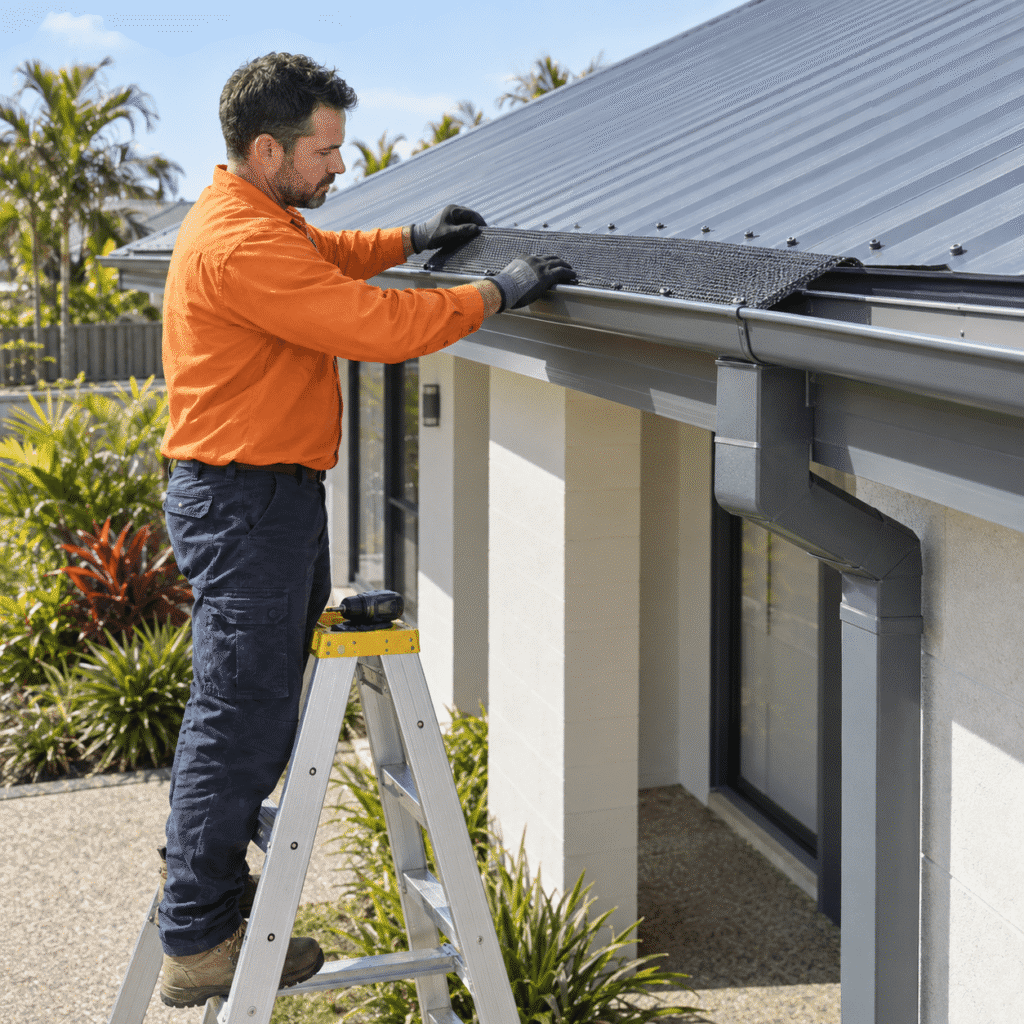Tradesman installing metal gutter guard above a downpipe on a Brisbane home