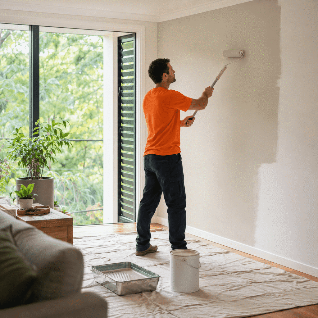 Painter applying low-VOC paint in a naturally ventilated Brisbane home