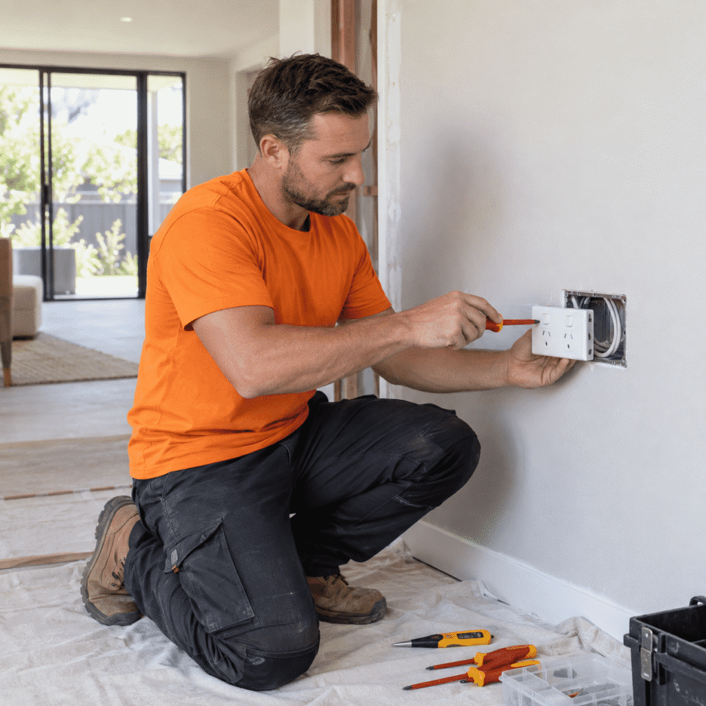 Electrician installing a new power point in a renovated Brisbane home