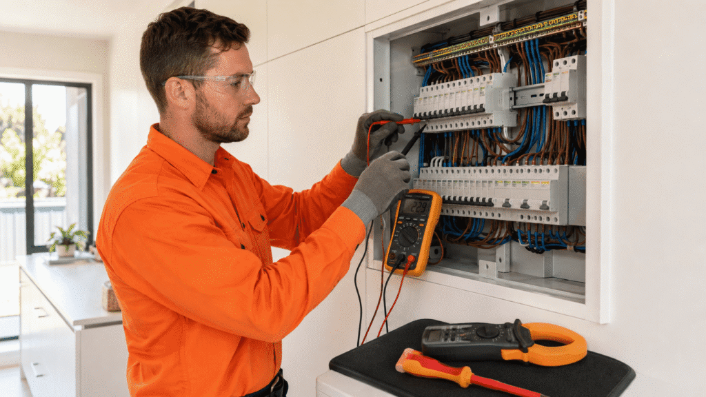 SBBM electrician testing a residential switchboard during electrical troubleshooting in Brisbane.