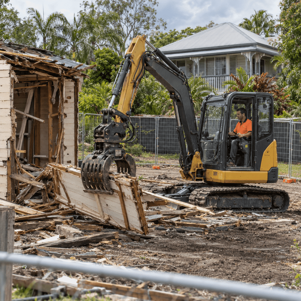 Operator in an orange shirt using an excavator to dismantle a damaged timber structure within a fenced residential site.
