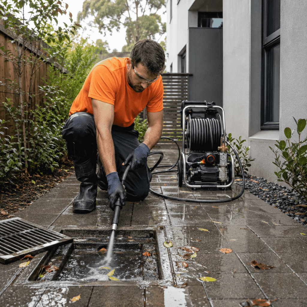 Drainage technician clearing a blocked stormwater drain at a Brisbane property