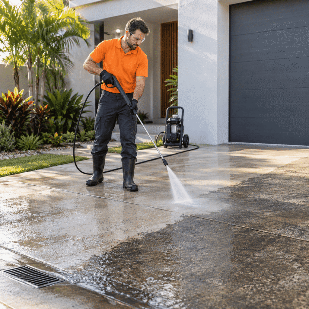 Exterior cleaner in an orange shirt pressure washing a concrete driveway at a Brisbane home.