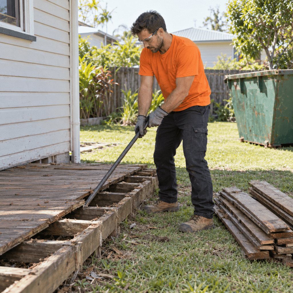 Worker in an orange shirt dismantling an old timber deck at a Brisbane home