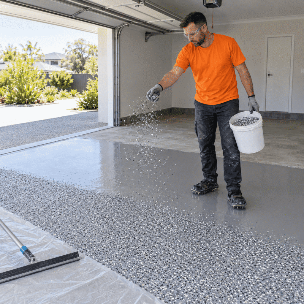 Flooring tradesman applying decorative flakes to an epoxy garage floor in Brisbane