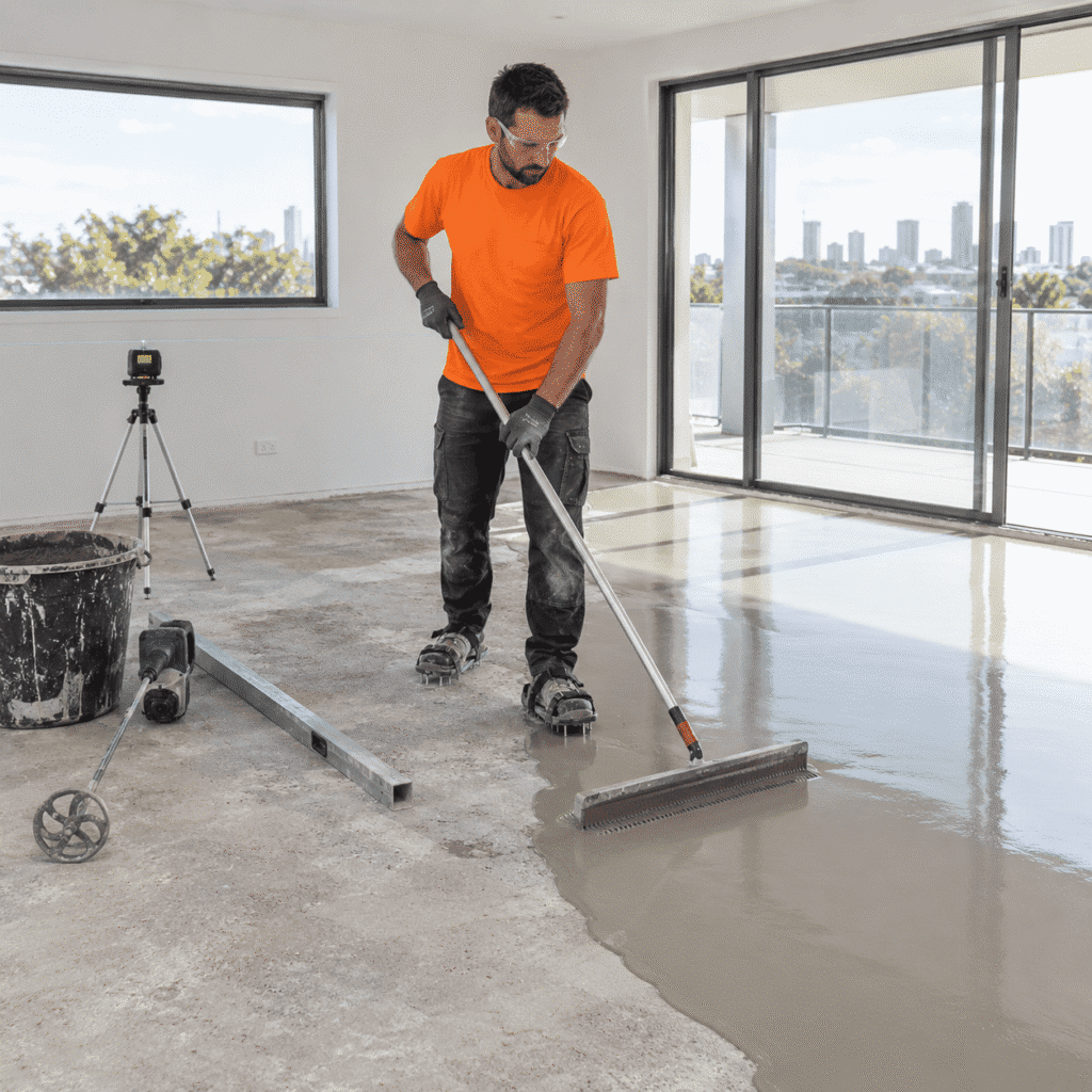 Tradesman applying self-levelling compound to an uneven floor in a Brisbane property