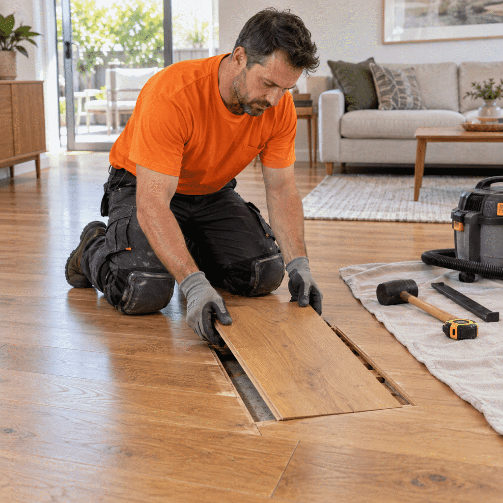 Flooring tradesman replacing a damaged timber floorboard in a Brisbane home