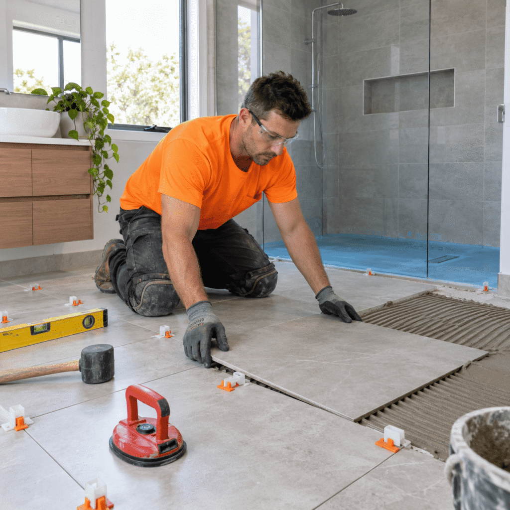 Tradesman installing large-format floor tiles during a Brisbane bathroom renovation