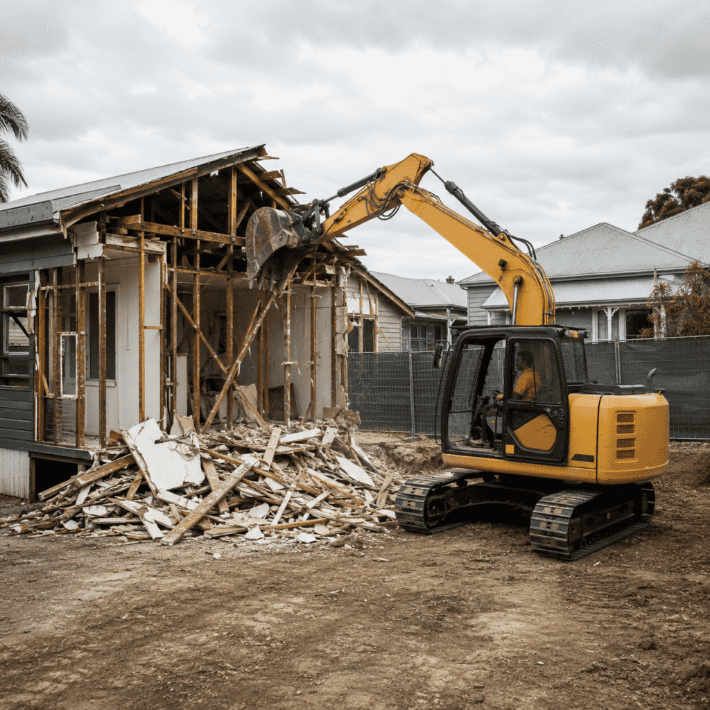Excavator carrying out a controlled full house demolition at a residential property in Brisbane