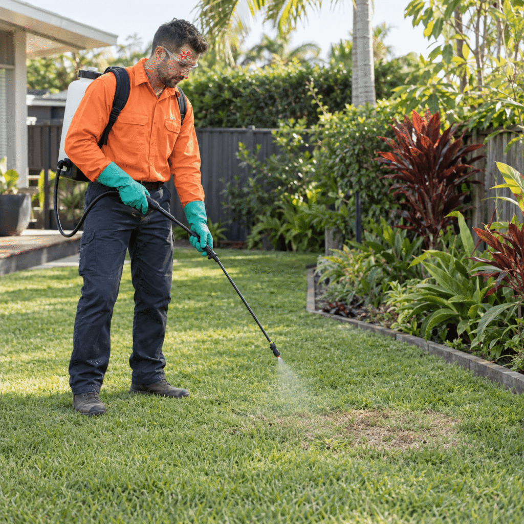 Lawn-care technician in an orange shirt applying targeted pest control treatment to a Brisbane residential lawn.