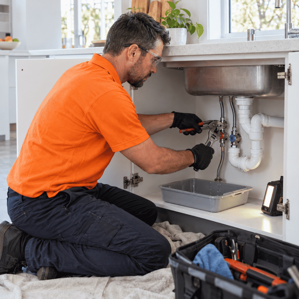 Plumber repairing under-sink pipework and isolation valves in a Brisbane home