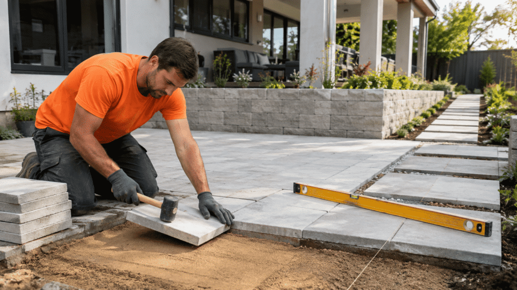SBBM worker installing concrete pavers during a residential hardscaping project in Brisbane.