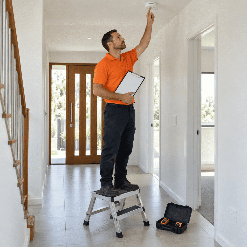 Property maintenance professional testing a smoke alarm during a safety check at a Brisbane home