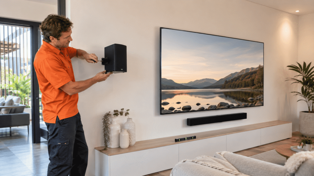 SBBM technician installing a wall-mounted home theatre speaker in a Brisbane home.